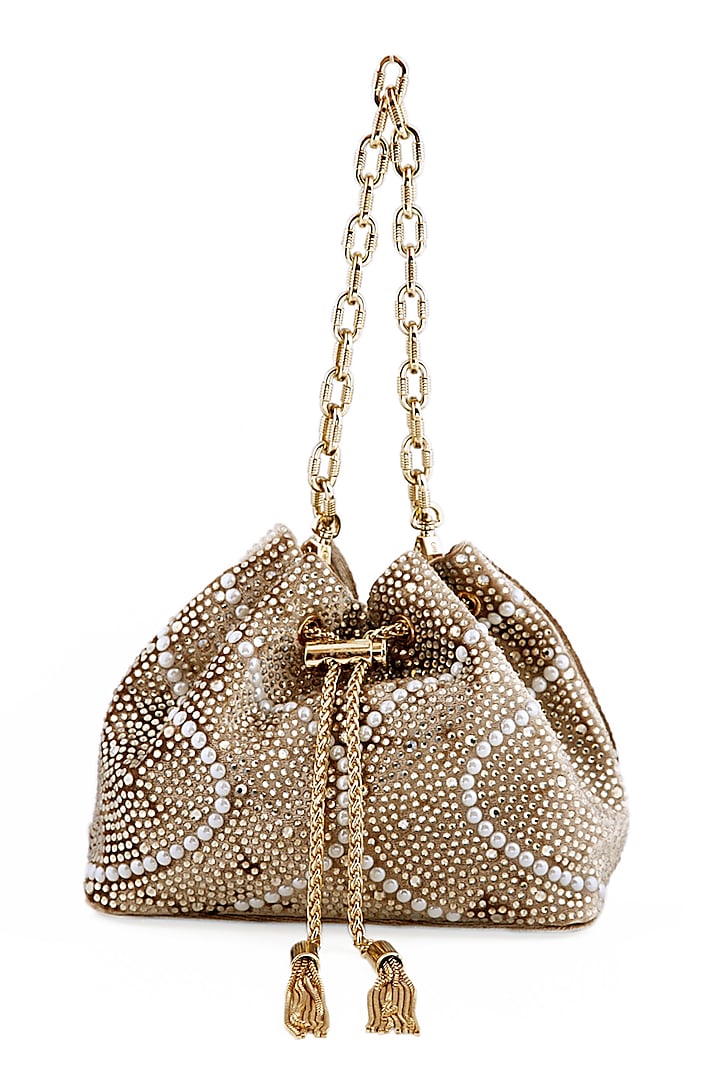 Gold Velvet Swarovski Bucket Bag by House of BIO by Ritti Khanna at Pernia's Pop Up Shop