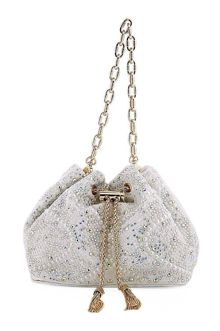 Snow White Velvet Pearl Bucket Bag by House of BIO by Ritti Khanna at Pernia's Pop Up Shop