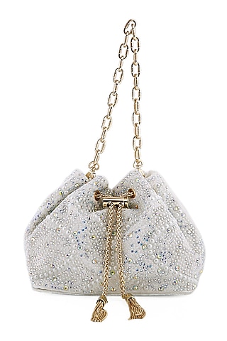 Snow White Velvet Pearl Bucket Bag by House of BIO by Ritti Khanna