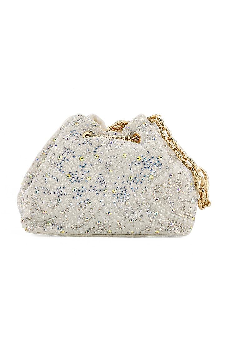 Snow White Velvet Pearl Bucket Bag by House of BIO by Ritti Khanna at Pernia's Pop Up Shop