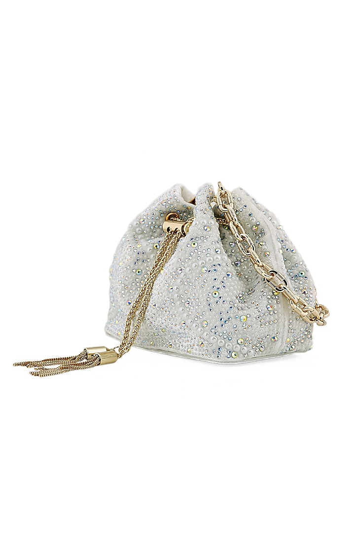Snow White Velvet Pearl Bucket Bag by House of BIO by Ritti Khanna at Pernia's Pop Up Shop