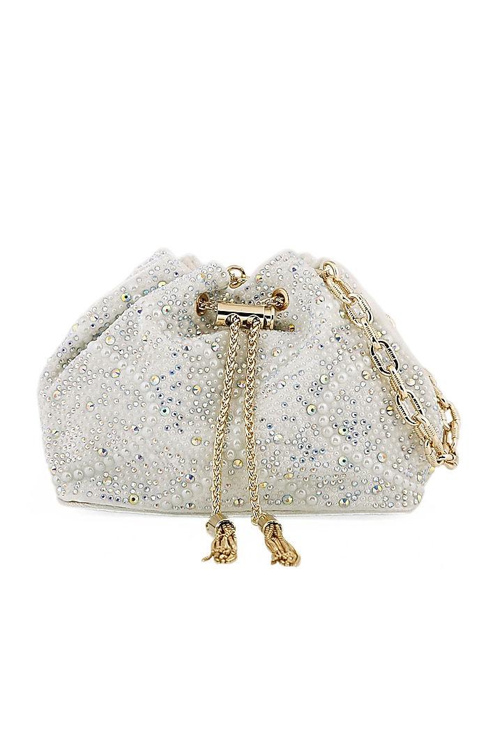 Snow White Velvet Pearl Bucket Bag by House of BIO by Ritti Khanna at Pernia's Pop Up Shop