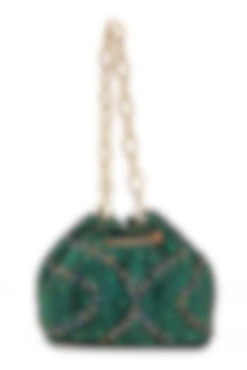 Emerald Velvet Crystal Bucket Bag by House of BIO by Ritti Khanna