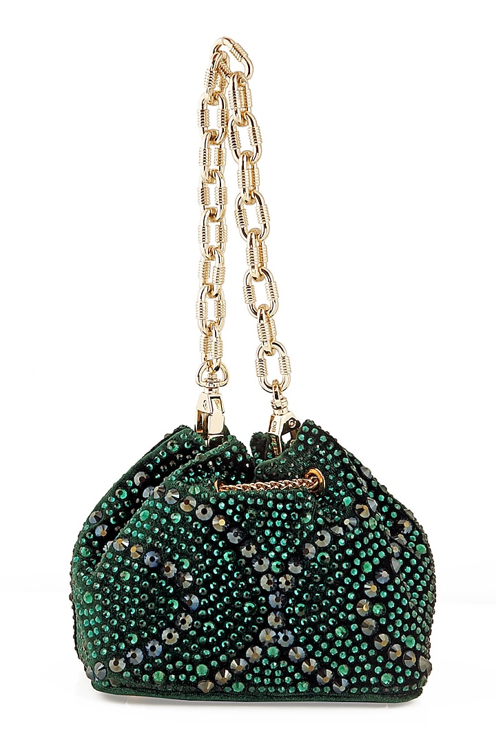 Emerald Velvet Crystal Bucket Bag by House of BIO by Ritti Khanna