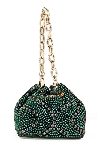Emerald Velvet Crystal Bucket Bag by House of BIO by Ritti Khanna