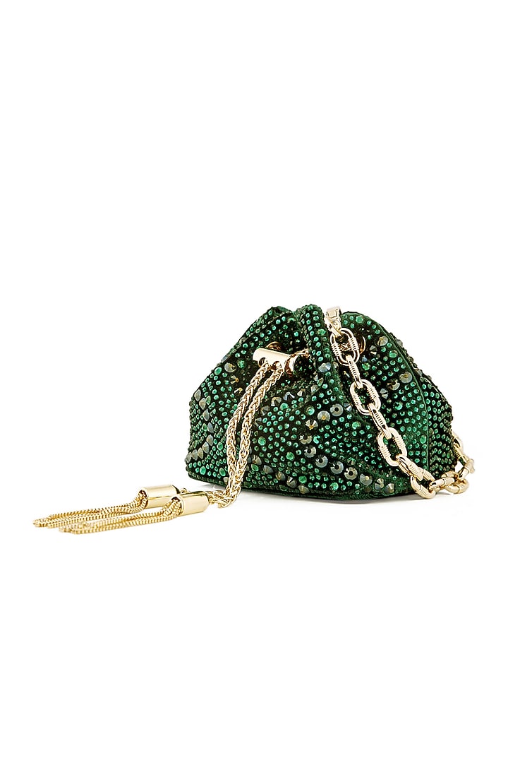 Emerald Velvet Crystal Bucket Bag by House of BIO by Ritti Khanna at Pernia's Pop Up Shop