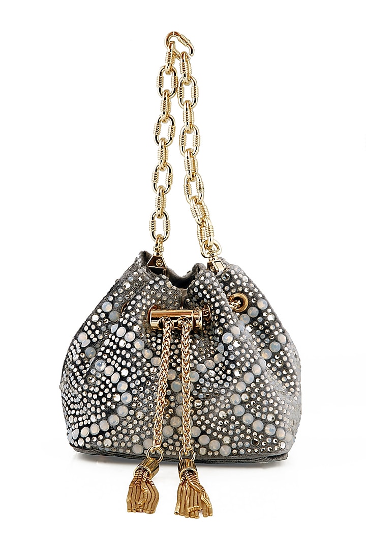 Silver Velvet Crystal Bucket Bag by House of BIO by Ritti Khanna at Pernia's Pop Up Shop