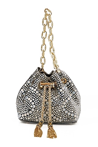 Silver Velvet Crystal Bucket Bag by House of BIO by Ritti Khanna