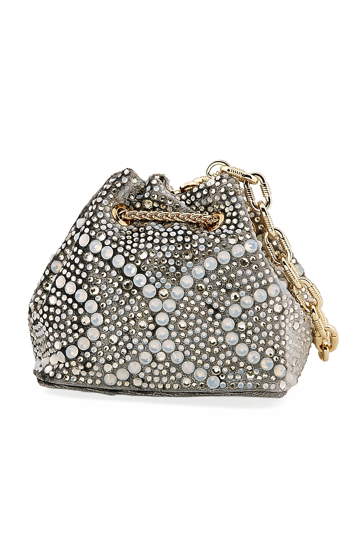 Silver Velvet Crystal Bucket Bag by House of BIO by Ritti Khanna at Pernia's Pop Up Shop