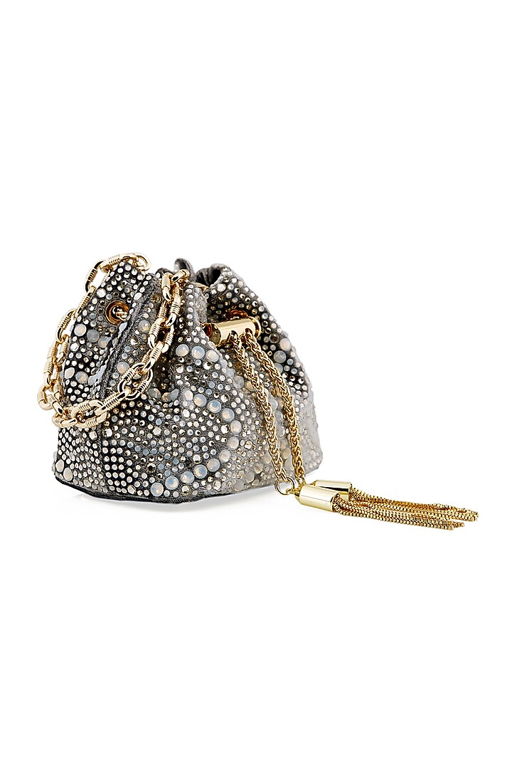 Silver Velvet Crystal Bucket Bag by House of BIO by Ritti Khanna at Pernia's Pop Up Shop