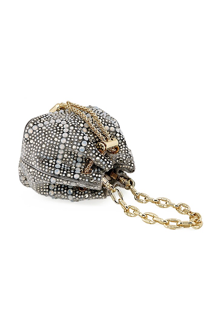 Silver Velvet Crystal Bucket Bag by House of BIO by Ritti Khanna at Pernia's Pop Up Shop