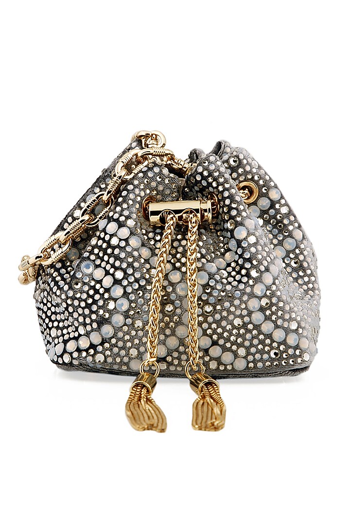 Silver Velvet Crystal Bucket Bag by House of BIO by Ritti Khanna at Pernia's Pop Up Shop