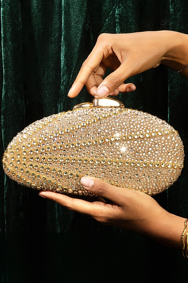 Gold Velvet Swarovski Crystal Embellished Clutch by House of BIO by Ritti Khanna at Pernia's Pop Up Shop