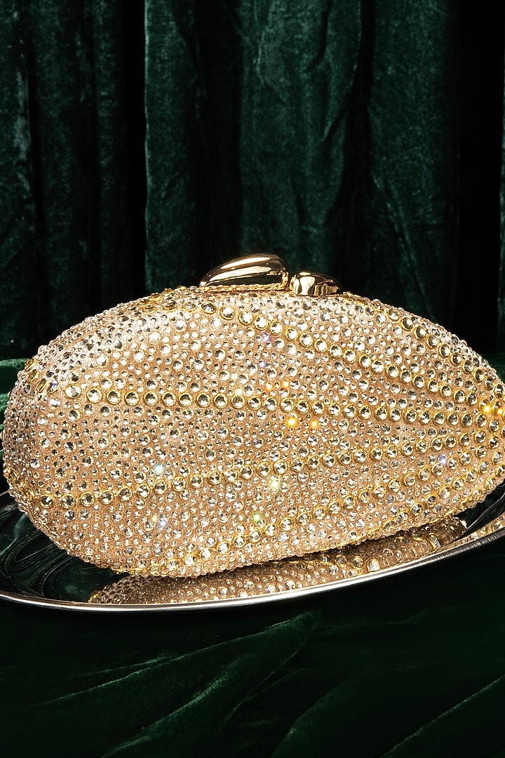 Gold Velvet Swarovski Crystal Embellished Clutch by House of BIO by Ritti Khanna at Pernia's Pop Up Shop
