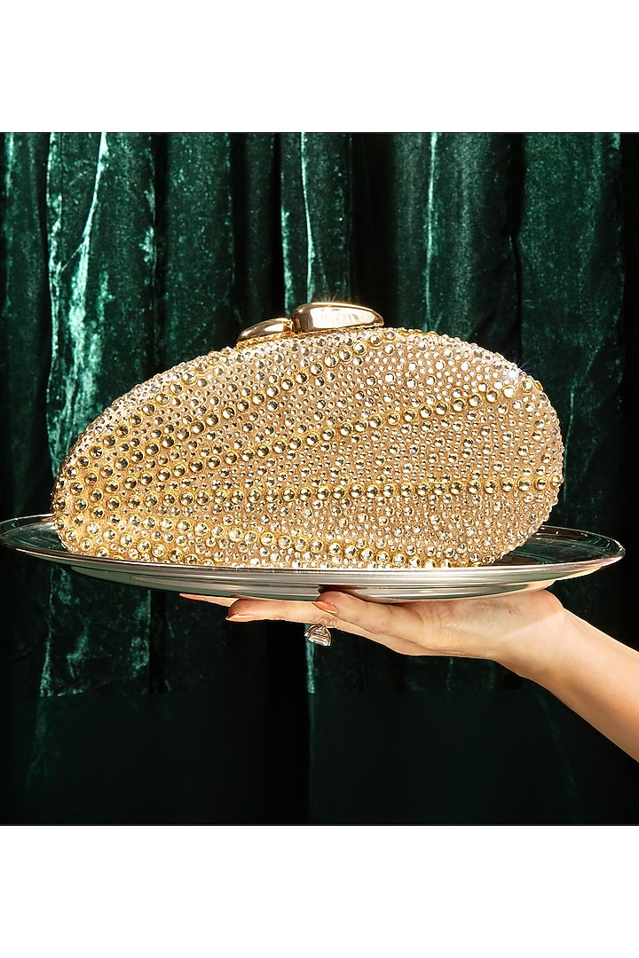Gold Velvet Swarovski Crystal Embellished Clutch by House of BIO by Ritti Khanna at Pernia's Pop Up Shop