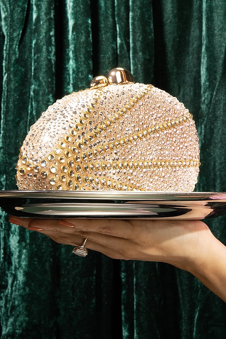 Gold Velvet Swarovski Crystal Embellished Clutch by House of BIO by Ritti Khanna at Pernia's Pop Up Shop