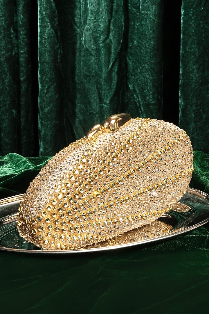 Gold Velvet Swarovski Crystal Embellished Clutch by House of BIO by Ritti Khanna at Pernia's Pop Up Shop