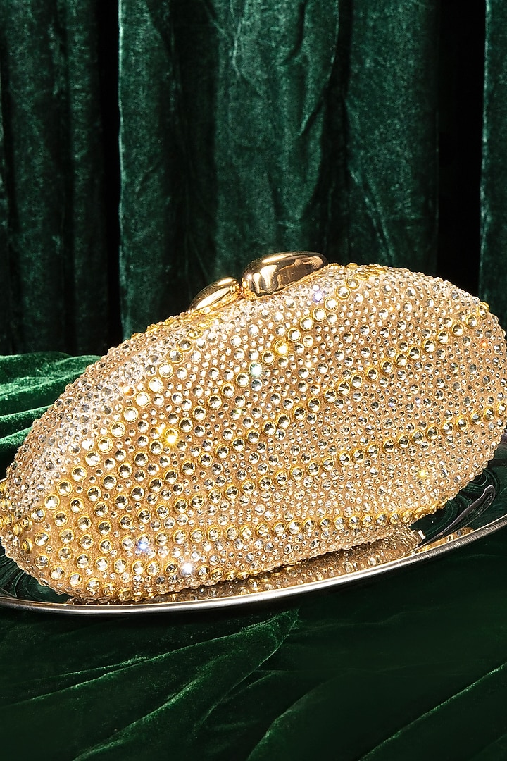 Gold Velvet Swarovski Crystal Embellished Clutch by House of BIO by Ritti Khanna at Pernia's Pop Up Shop