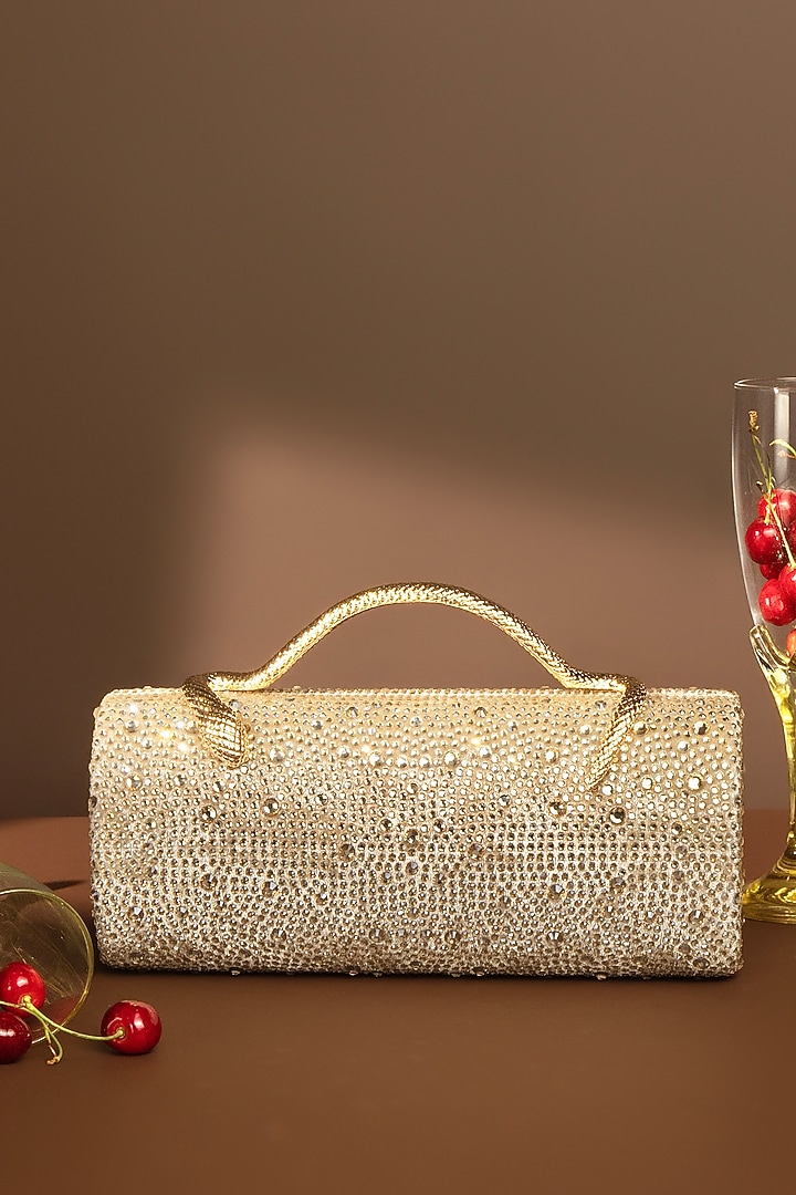 Gold Velvet Swarovski Crystal Embellished Clutch by House of BIO by Ritti Khanna at Pernia's Pop Up Shop
