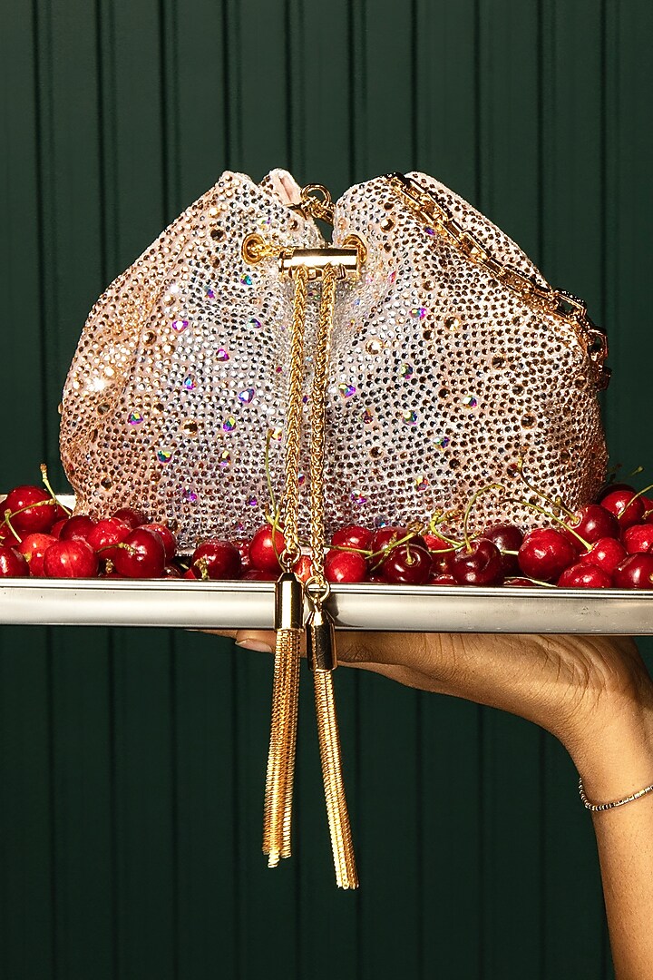 Gold Velvet Swarovski Crystal Embellished Bucket Bag by House of BIO by Ritti Khanna at Pernia's Pop Up Shop
