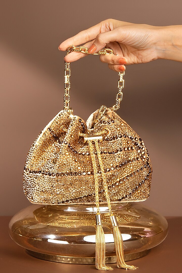 Gold Velvet Swarovski Crystal Embellished Bucket Bag by House of BIO by Ritti Khanna at Pernia's Pop Up Shop