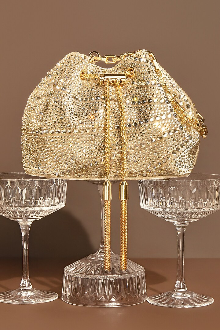 Light Gold Velvet Swarovski Embellished Bucket Bag by House of BIO by Ritti Khanna at Pernia's Pop Up Shop