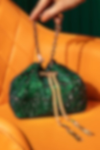 Green Velvet Swarovski Embellished Bucket Bag by House of BIO by Ritti Khanna at Pernia's Pop Up Shop