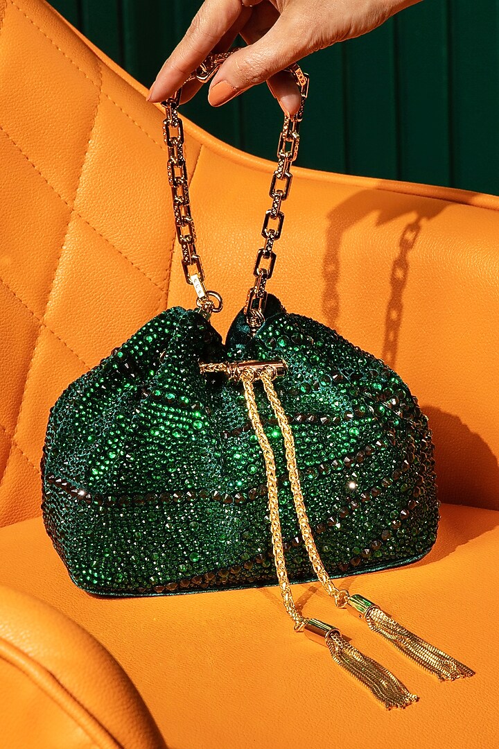 Green Velvet Swarovski Embellished Bucket Bag by House of BIO by Ritti Khanna at Pernia's Pop Up Shop