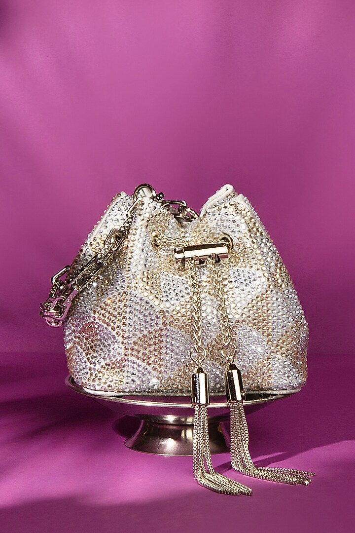Silver Velvet Swarovski Embellished Mini Bucket Bag by House of BIO by Ritti Khanna at Pernia's Pop Up Shop