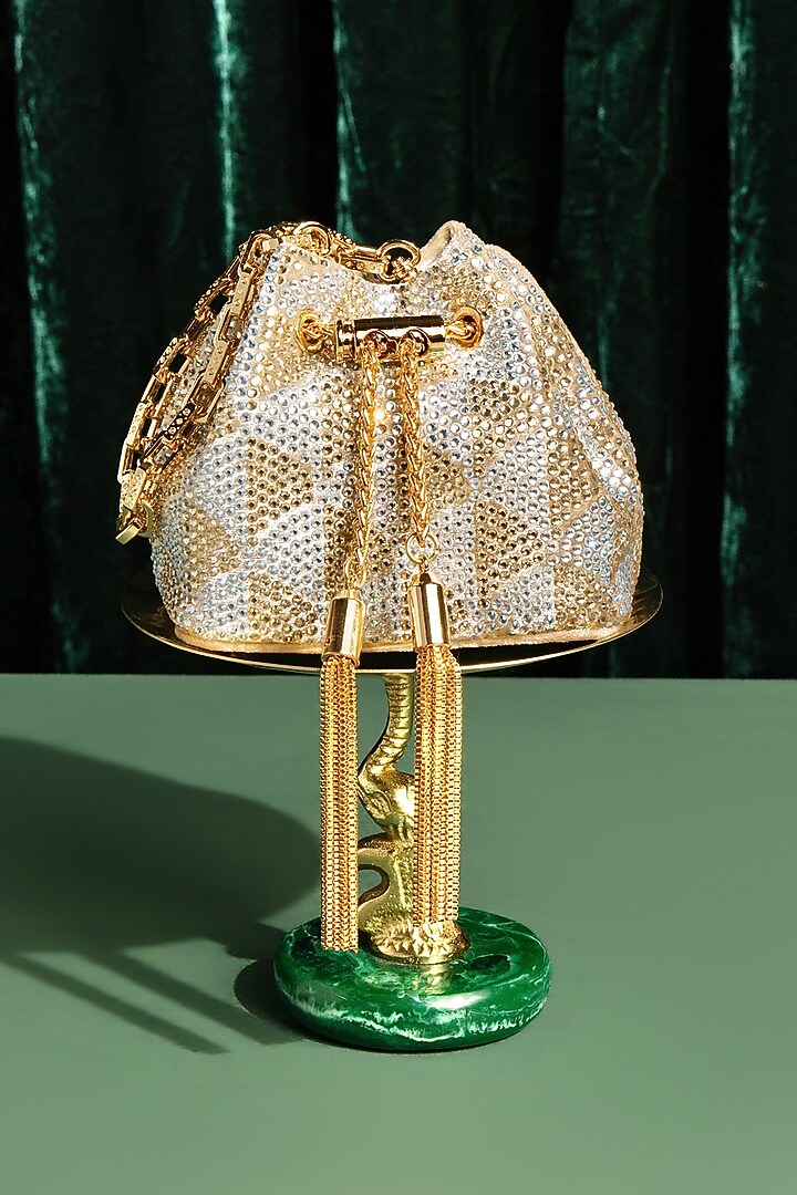 Silver Velvet Swarovski Embellished Mini Bucket Bag by House of BIO by Ritti Khanna at Pernia's Pop Up Shop