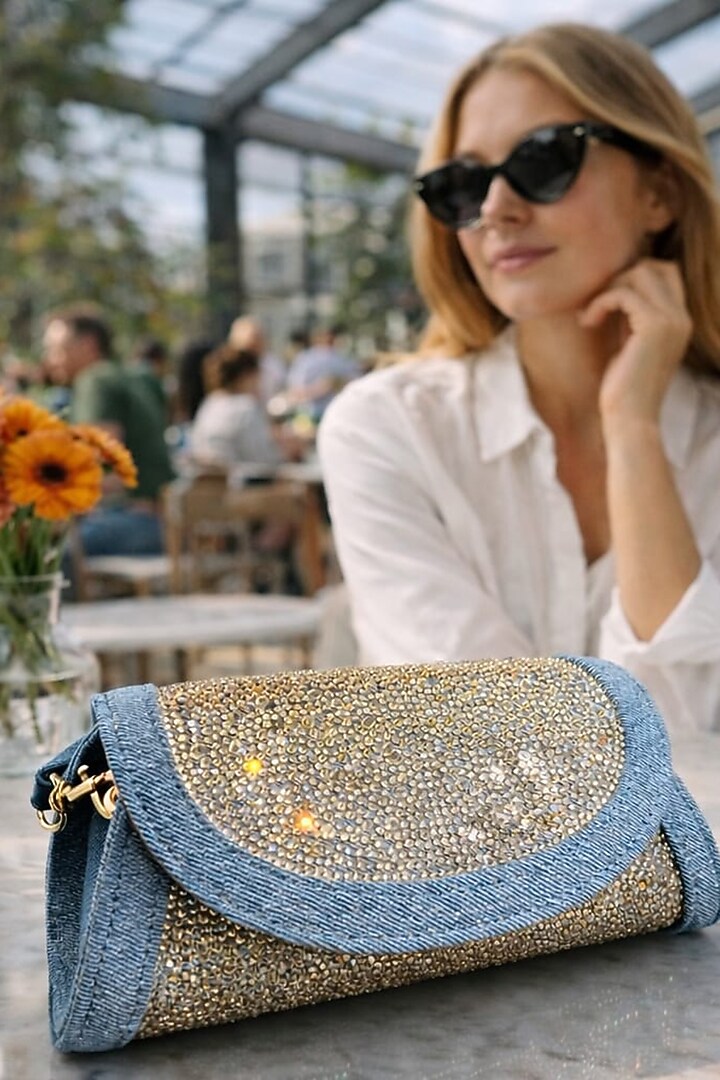 Light Blue Denim Swarovski Crystal Embellished Handbag by House of BIO by Ritti Khanna at Pernia's Pop Up Shop
