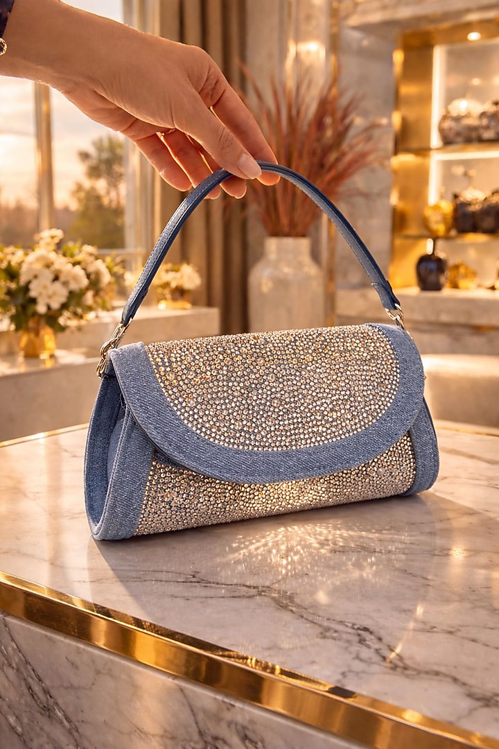 Light Blue Denim Swarovski Crystal Embellished Handbag by House of BIO by Ritti Khanna at Pernia's Pop Up Shop