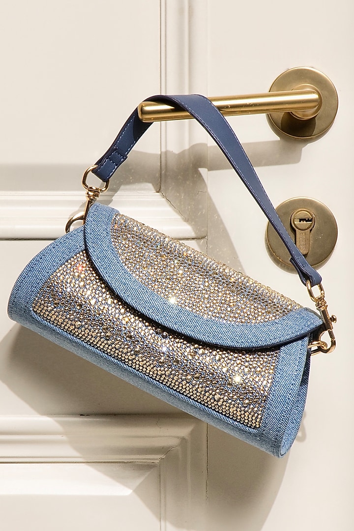 Light Blue Denim Swarovski Crystal Embellished Handbag by House of BIO by Ritti Khanna at Pernia's Pop Up Shop