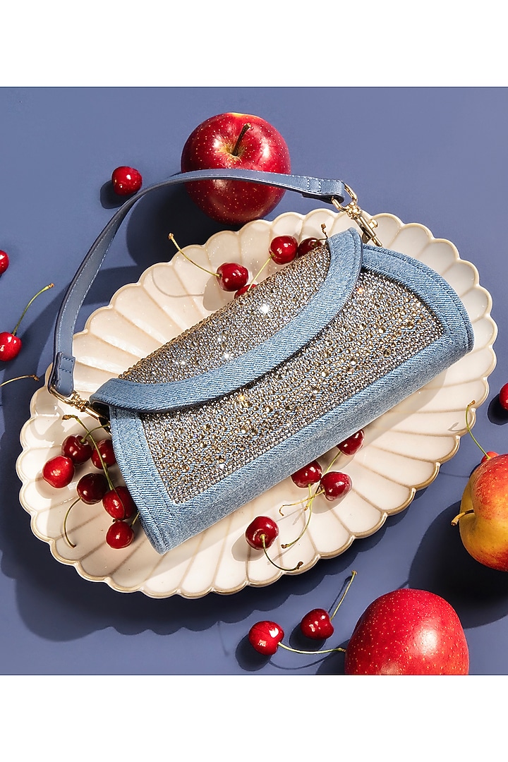 Light Blue Denim Swarovski Crystal Embellished Handbag by House of BIO by Ritti Khanna at Pernia's Pop Up Shop