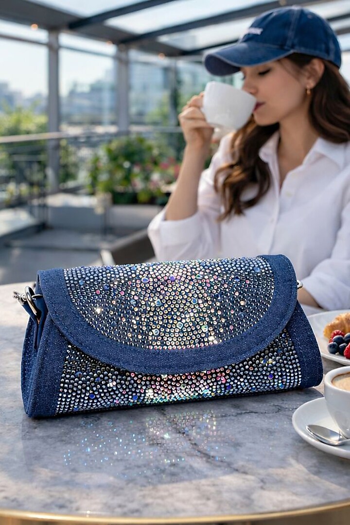 Dark Blue Denim Swarovski Crystal Embellished Handbag by House of BIO by Ritti Khanna at Pernia's Pop Up Shop