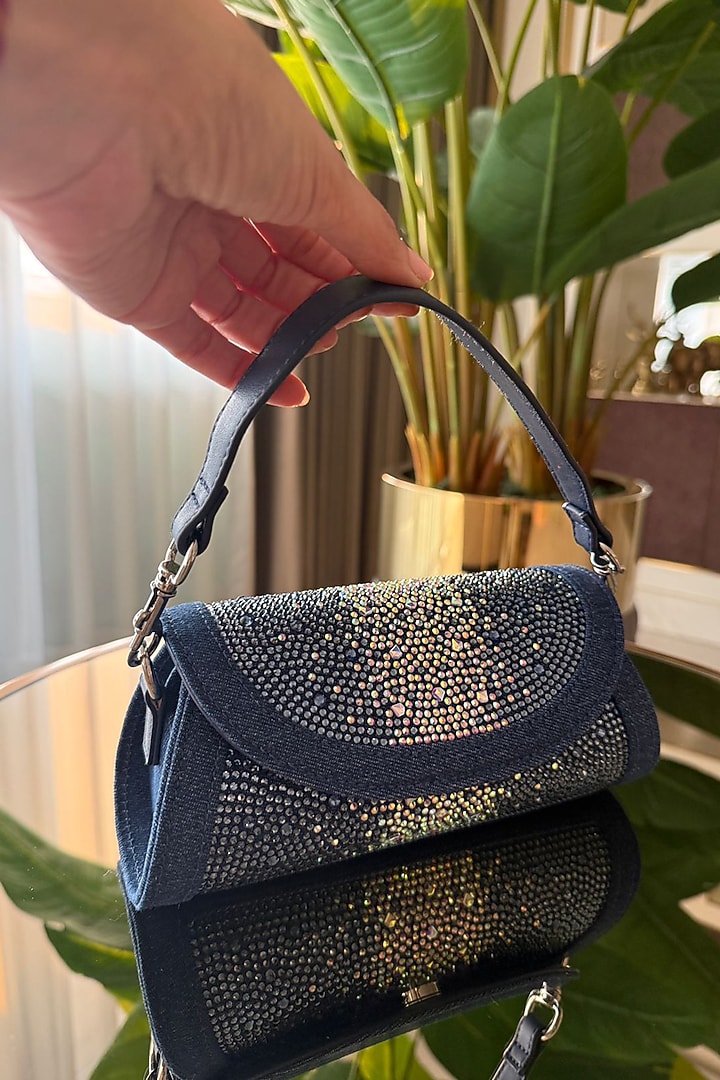 Dark Blue Denim Swarovski Crystal Embellished Handbag by House of BIO by Ritti Khanna at Pernia's Pop Up Shop