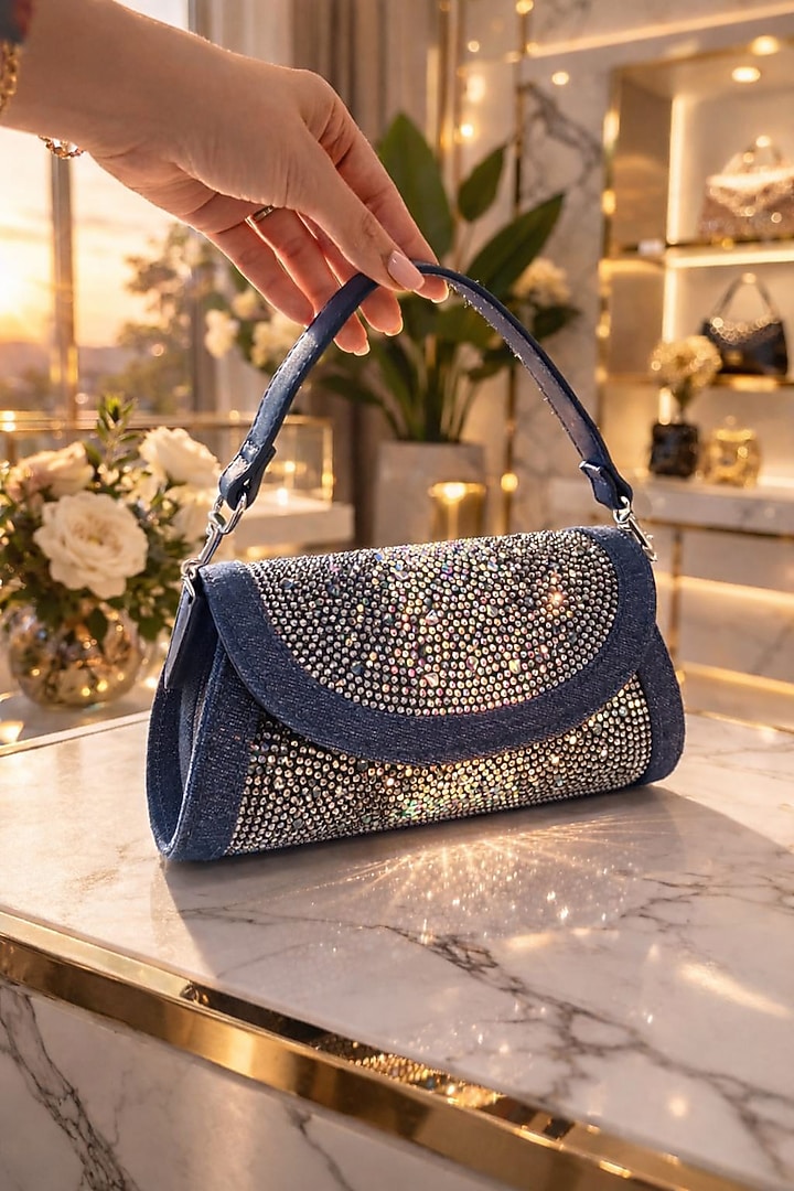 Dark Blue Denim Swarovski Crystal Embellished Handbag by House of BIO by Ritti Khanna at Pernia's Pop Up Shop