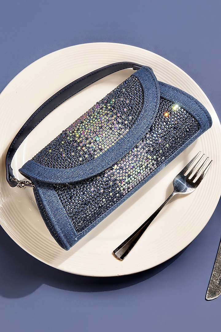 Dark Blue Denim Swarovski Crystal Embellished Handbag by House of BIO by Ritti Khanna at Pernia's Pop Up Shop