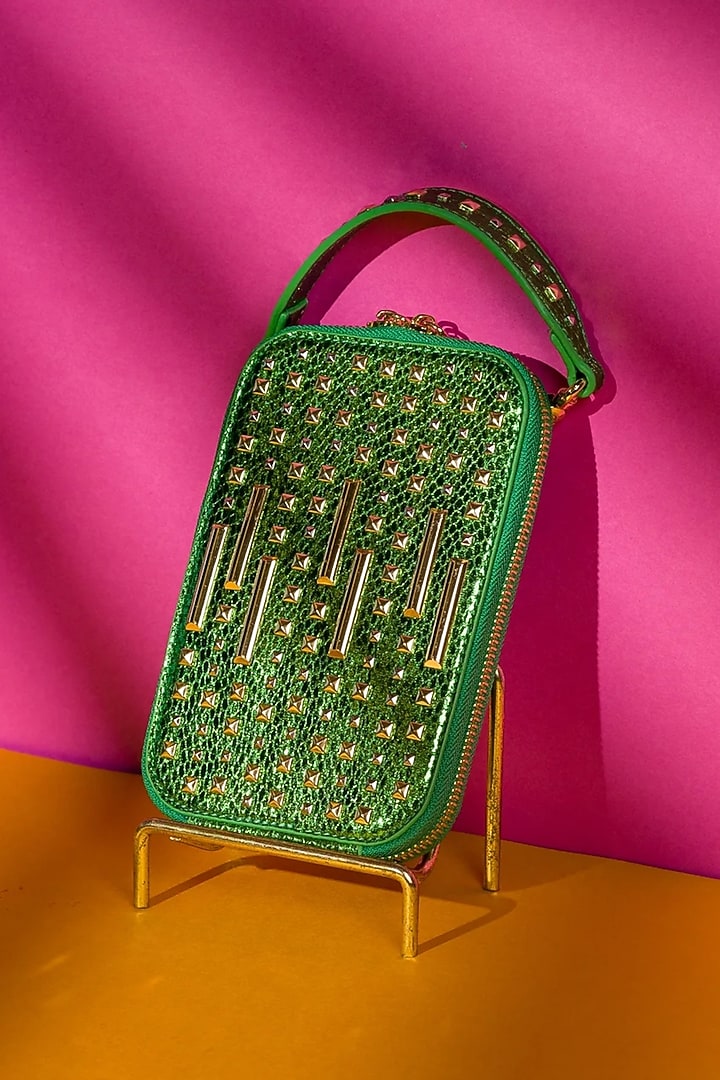 Glittery Green PU Leather Mobile Bag by House of BIO by Ritti Khanna at Pernia's Pop Up Shop