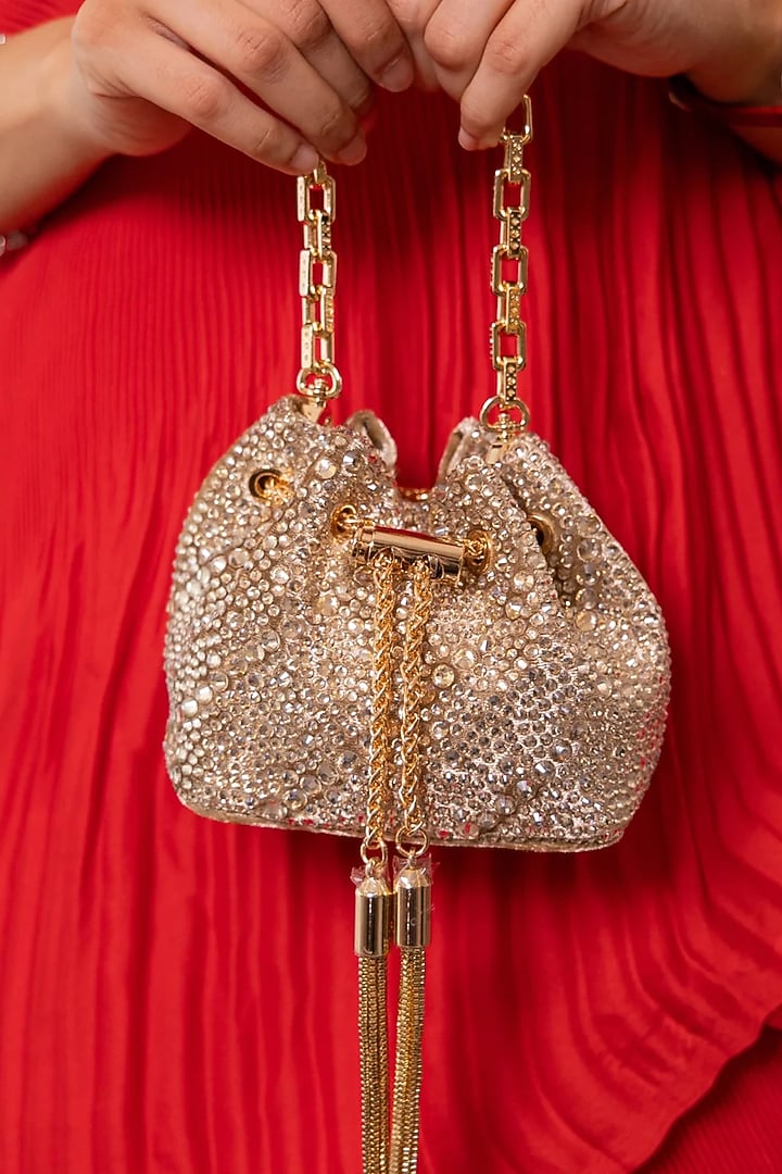Gold Velvet Crystal Work Mini Bucket Bag by House of BIO by Ritti Khanna at Pernia's Pop Up Shop