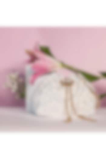 White Velvet Pearl & Crystal Work Bucket Bag by House of BIO by Ritti Khanna at Pernia's Pop Up Shop