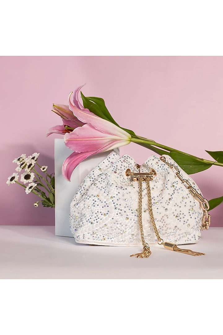 White Velvet Pearl & Crystal Work Bucket Bag by House of BIO by Ritti Khanna at Pernia's Pop Up Shop