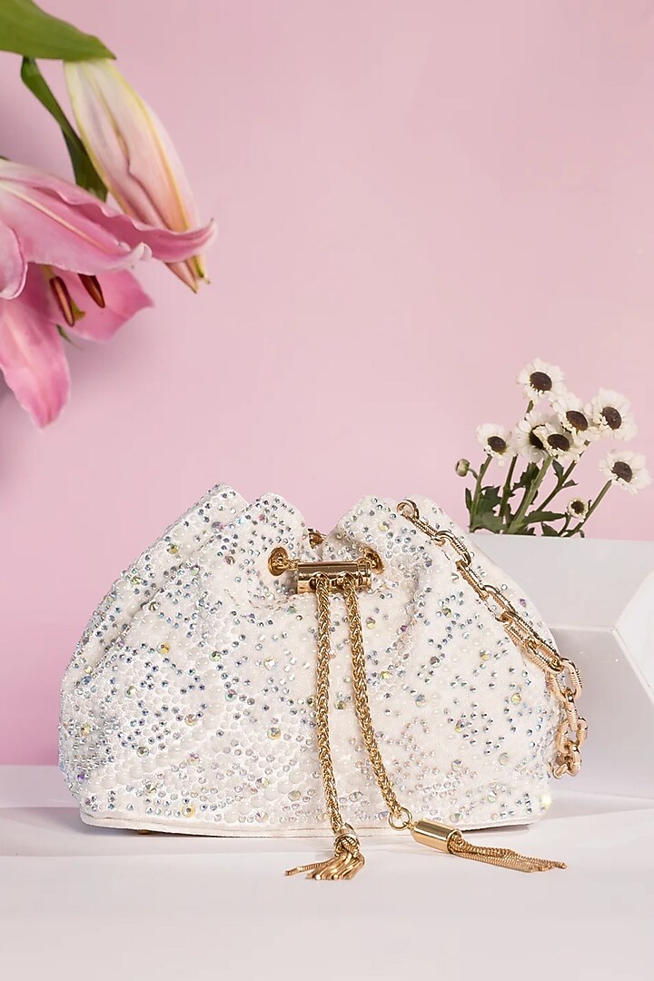 White Velvet Pearl & Crystal Work Bucket Bag by House of BIO by Ritti Khanna at Pernia's Pop Up Shop