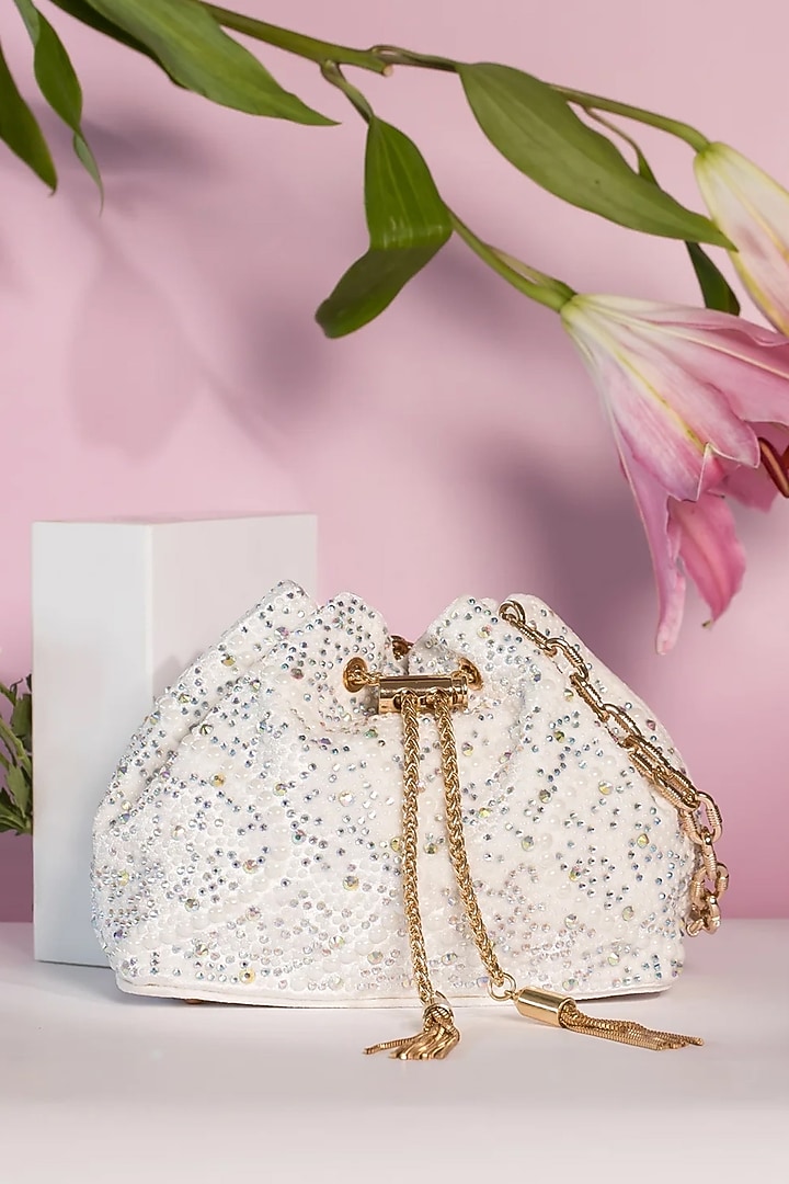 White Velvet Pearl & Crystal Work Bucket Bag by House of BIO by Ritti Khanna at Pernia's Pop Up Shop