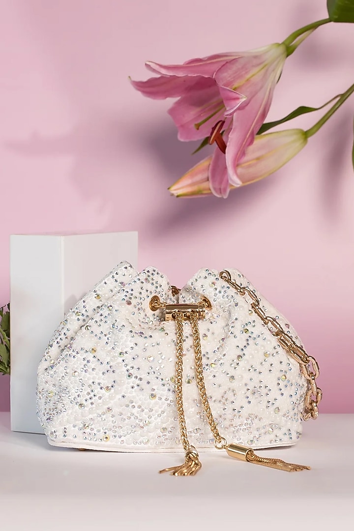 White Velvet Pearl & Crystal Work Bucket Bag by House of BIO by Ritti Khanna at Pernia's Pop Up Shop
