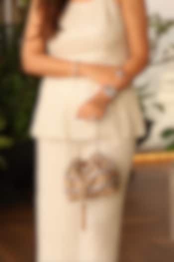 Dark Gold Velvet Crystal Embellished Bucket Bag by House of BIO by Ritti Khanna at Pernia's Pop Up Shop