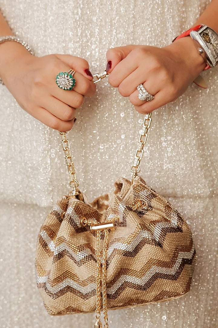 Dark Gold Velvet Crystal Embellished Bucket Bag by House of BIO by Ritti Khanna at Pernia's Pop Up Shop