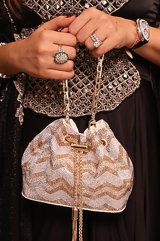 Light Gold Velvet Crystal Embellished Bucket Bag by House of BIO by Ritti Khanna
