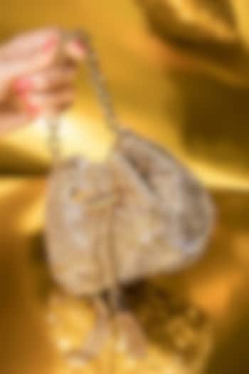 Dark Gold Velvet Crystal Embellished Bucket Bag by House of BIO by Ritti Khanna at Pernia's Pop Up Shop