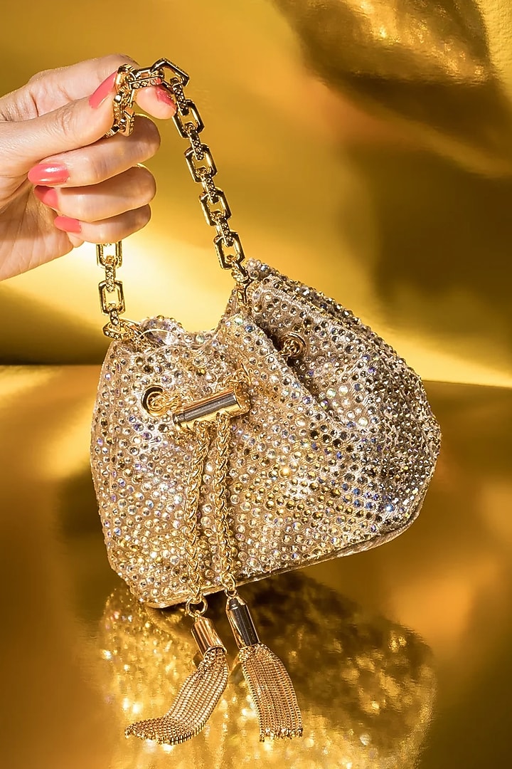 Dark Gold Velvet Crystal Embellished Bucket Bag by House of BIO by Ritti Khanna at Pernia's Pop Up Shop